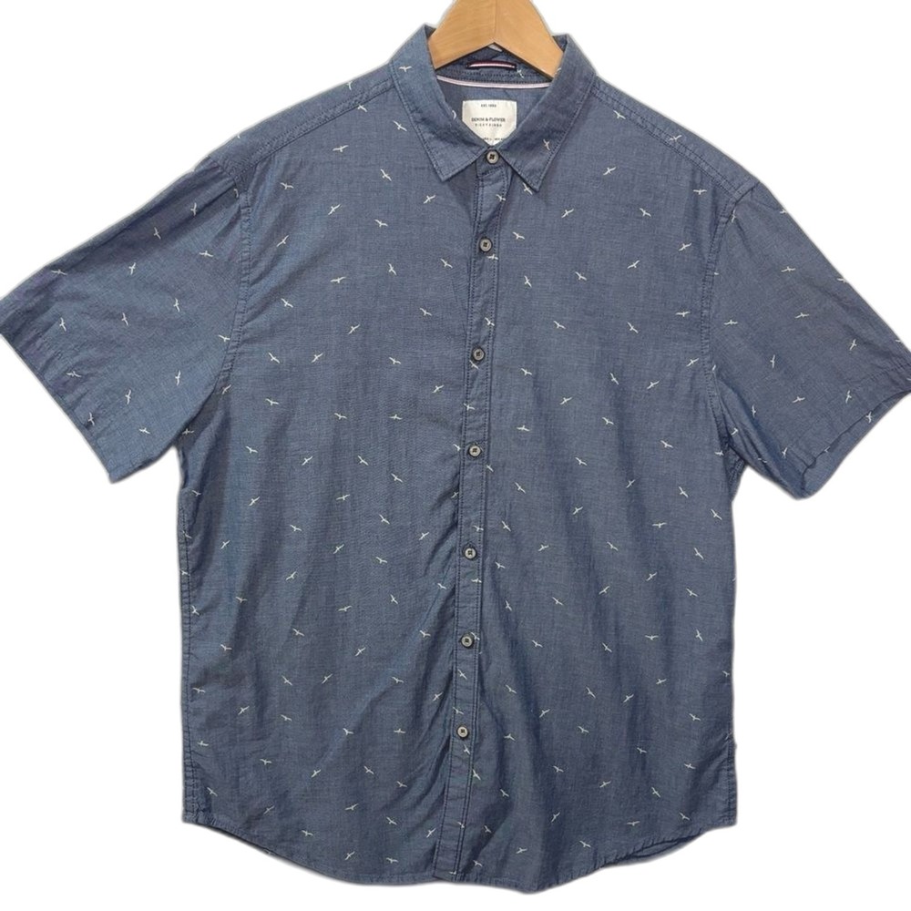 Denim & Flower Shirt Blue Bird Print Slim Fit Cotton Button Up Coastal Summer L‎